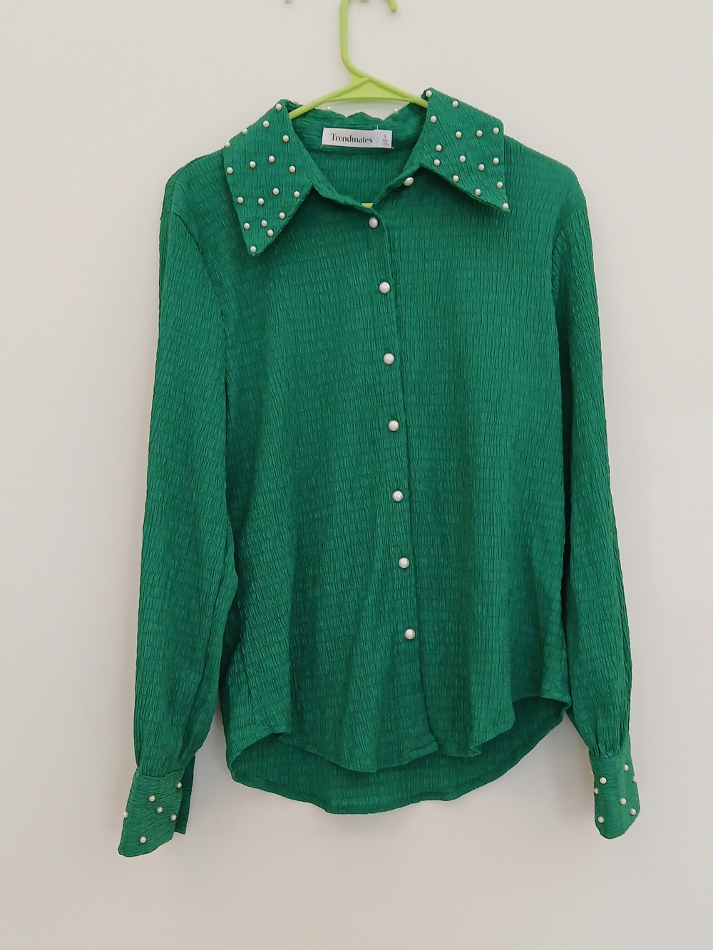 Green Pearl-Accent Button Front Blouse